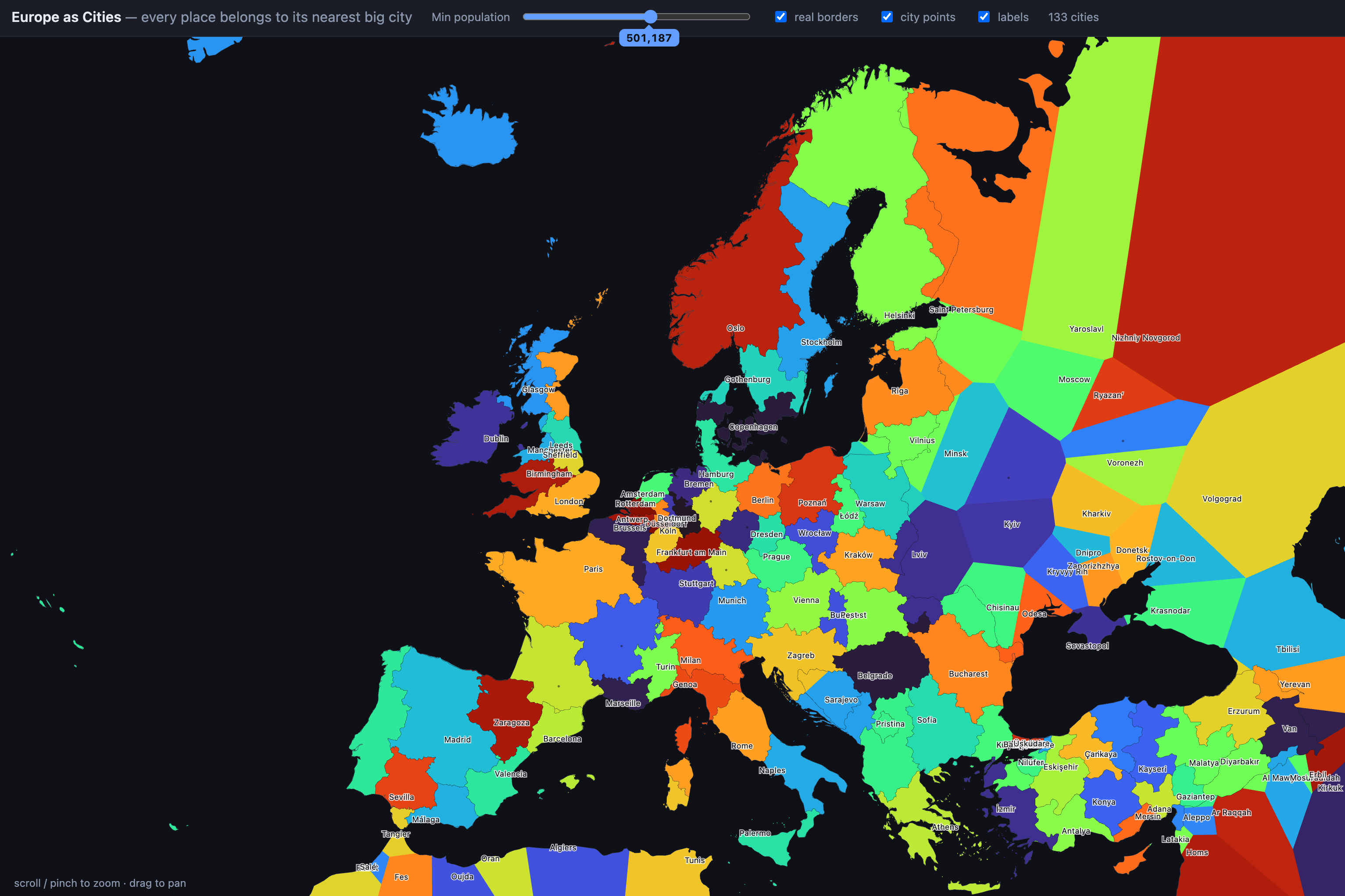 A map of European city states at a population threshold of 501,187