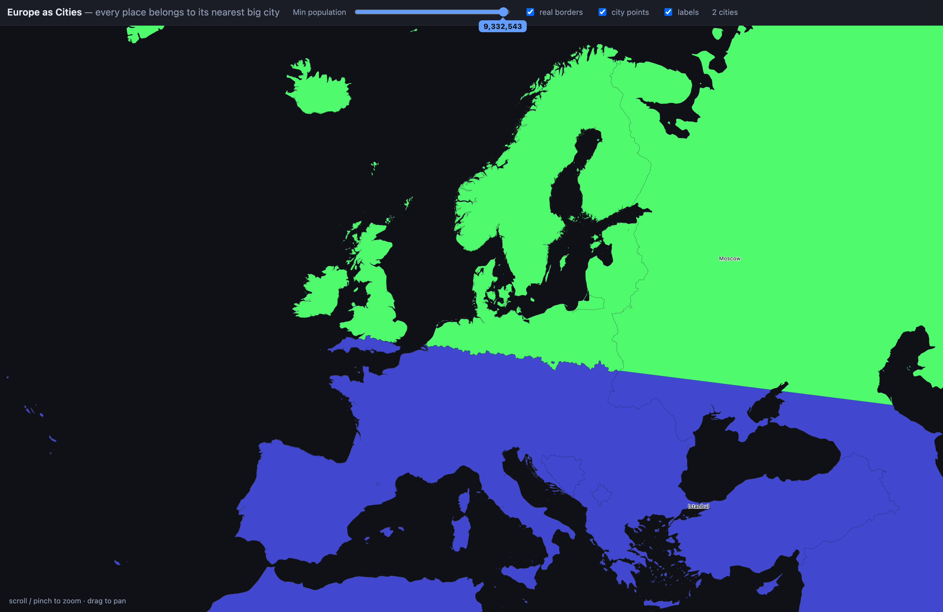 A map of European city states at a population threshold of 9,332,543