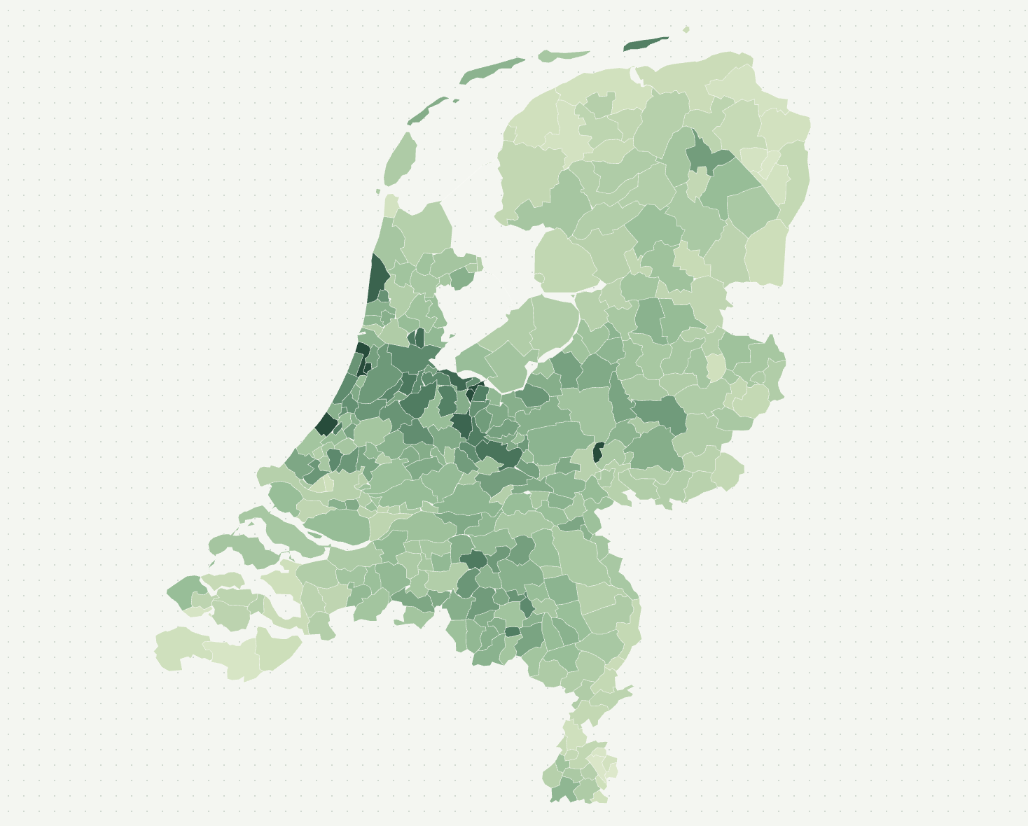 A choropleth map of house prices by municipality in the Netherlands